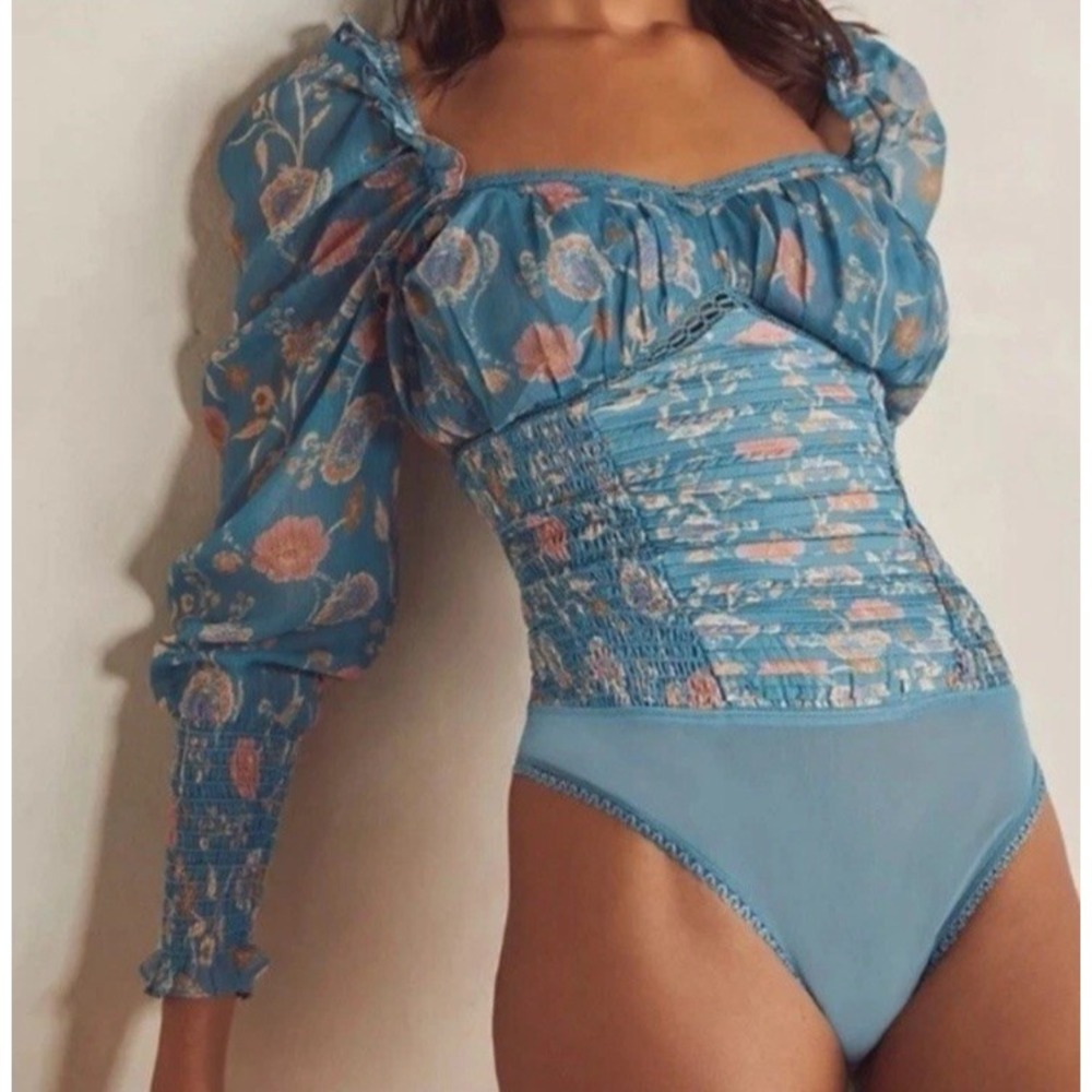 NWT Free‎ People Brunch Date Bodysuit Sz L Turquoise Blue Floral Combo $128